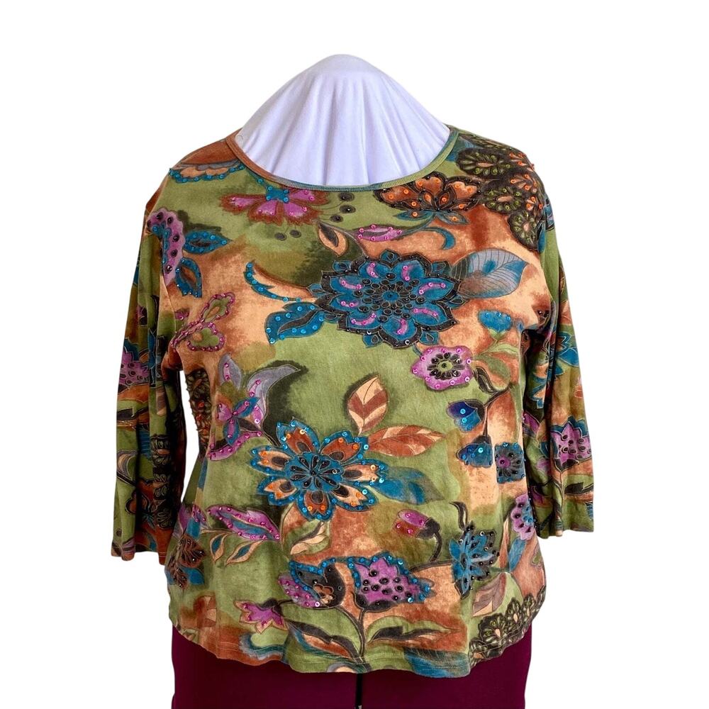 CJ Banks Beaded Blue Green Peach Floral Print Top Blouse 1X Embellished Colorful